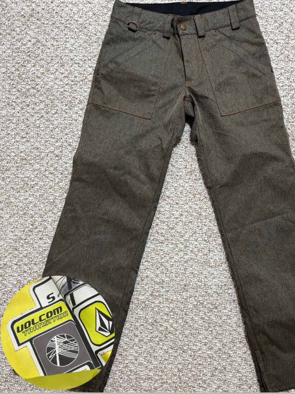 Volcom Olive Brown Transition Women’s Snow Pants Size S Waterproof Yellow Lined